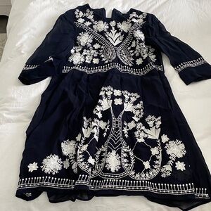 French Connection Navy Dress with White Floral Embroidery